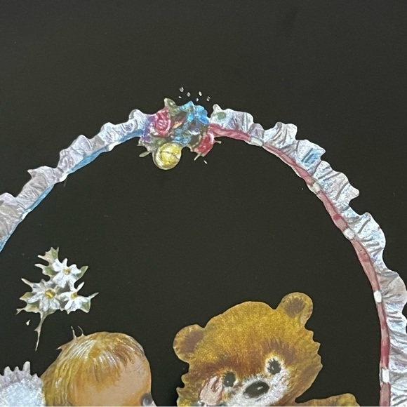 Retro Foil Art Etched Wall Art Print Baby Boy Teddy Bear Pink Blue Floral Wooden - Picture 4 of 13